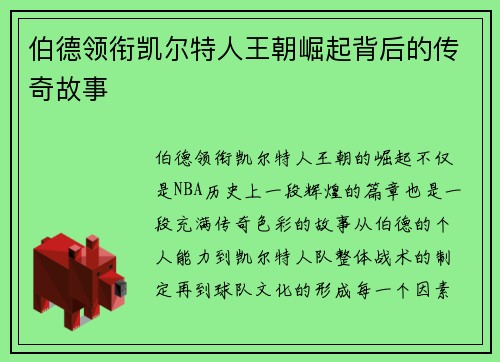 伯德领衔凯尔特人王朝崛起背后的传奇故事 伯德领衔凯尔特人王朝崛起背后的传奇故事